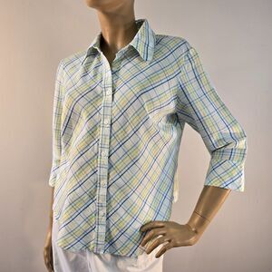 Dina K Plaid Button Down Shirt Womens Size Medium 3/4 Sleeve